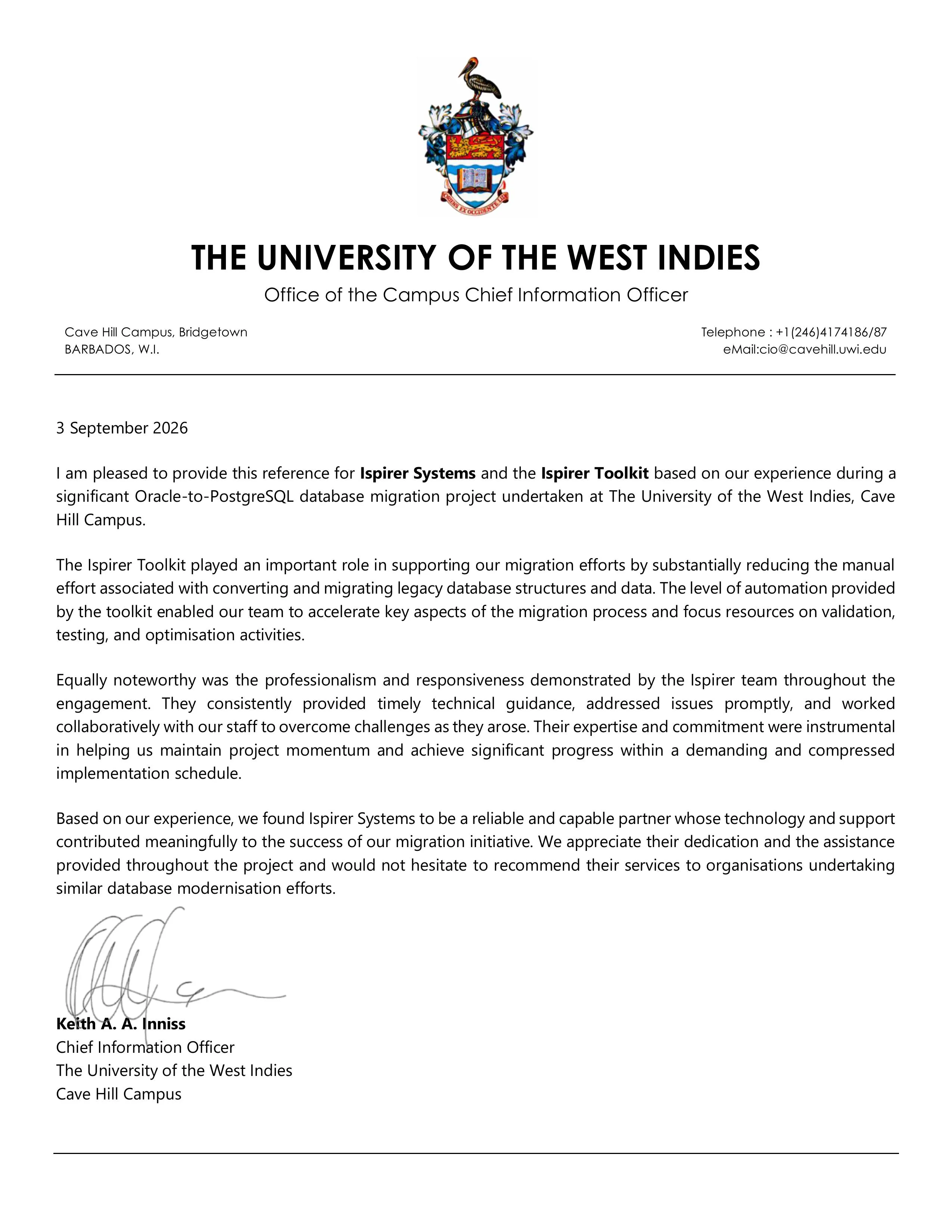 Testimonial from The University of the West Indies, Barbados for Ispirer Systems